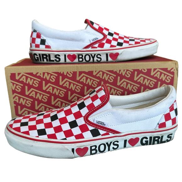 Vans Slip Ons Size Womens 11 Mens 9.5 Red White Black Checkered - Picture 2 of 9